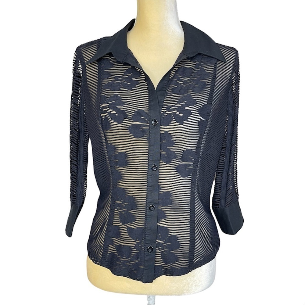 Vintage Women’s Sz M Black Sheers Top Button Up - Picture 5 of 16
